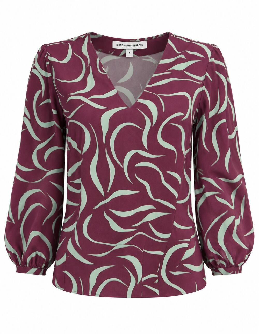 Diane von Furstenberg DVF Iliana Silk Blouse Size 2 Plum Mint Abstract Luxe